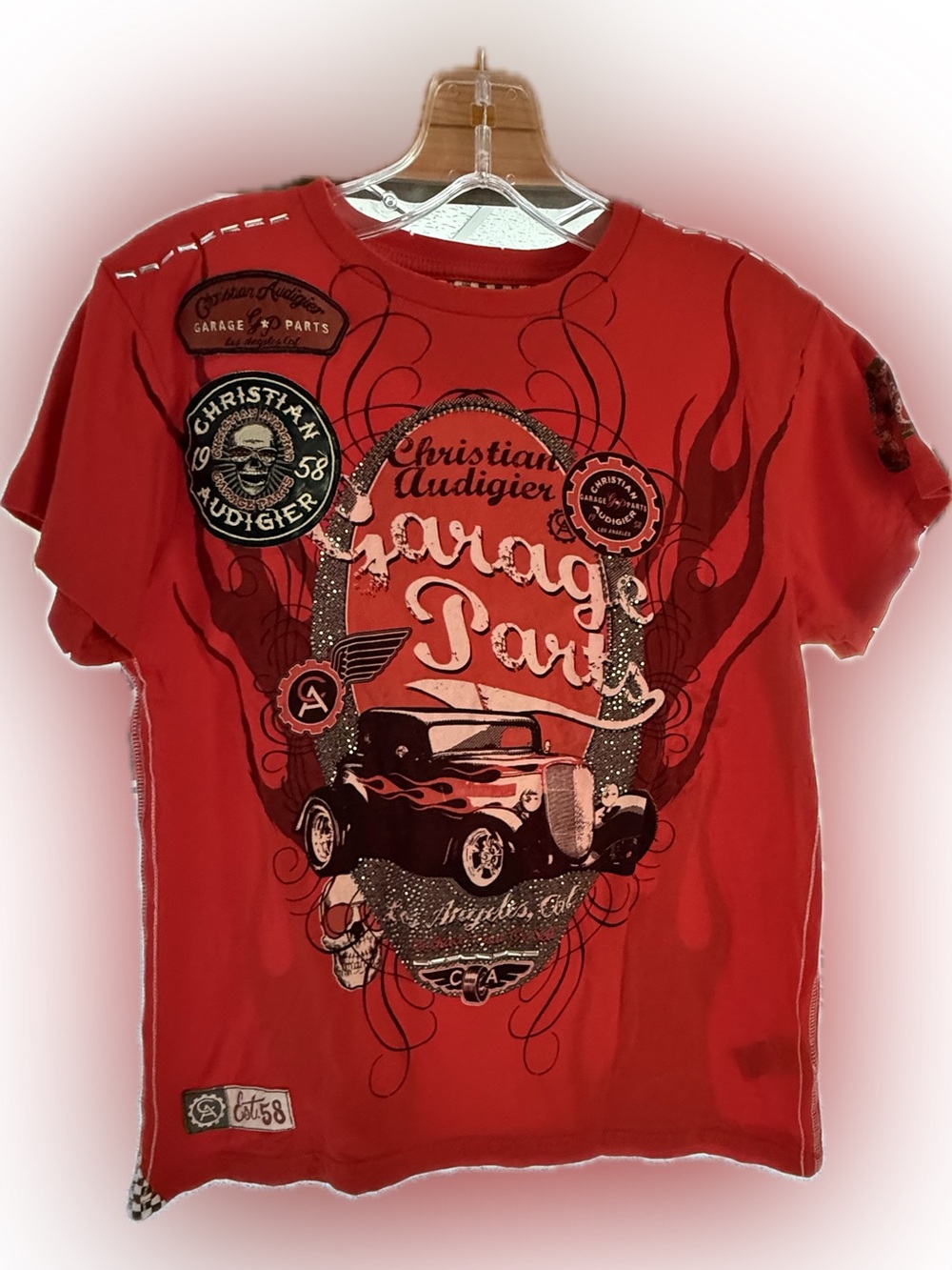 Christian Audigier Garage Parts Red T-Shirt Hot Rod Rhinestone Patch tee small